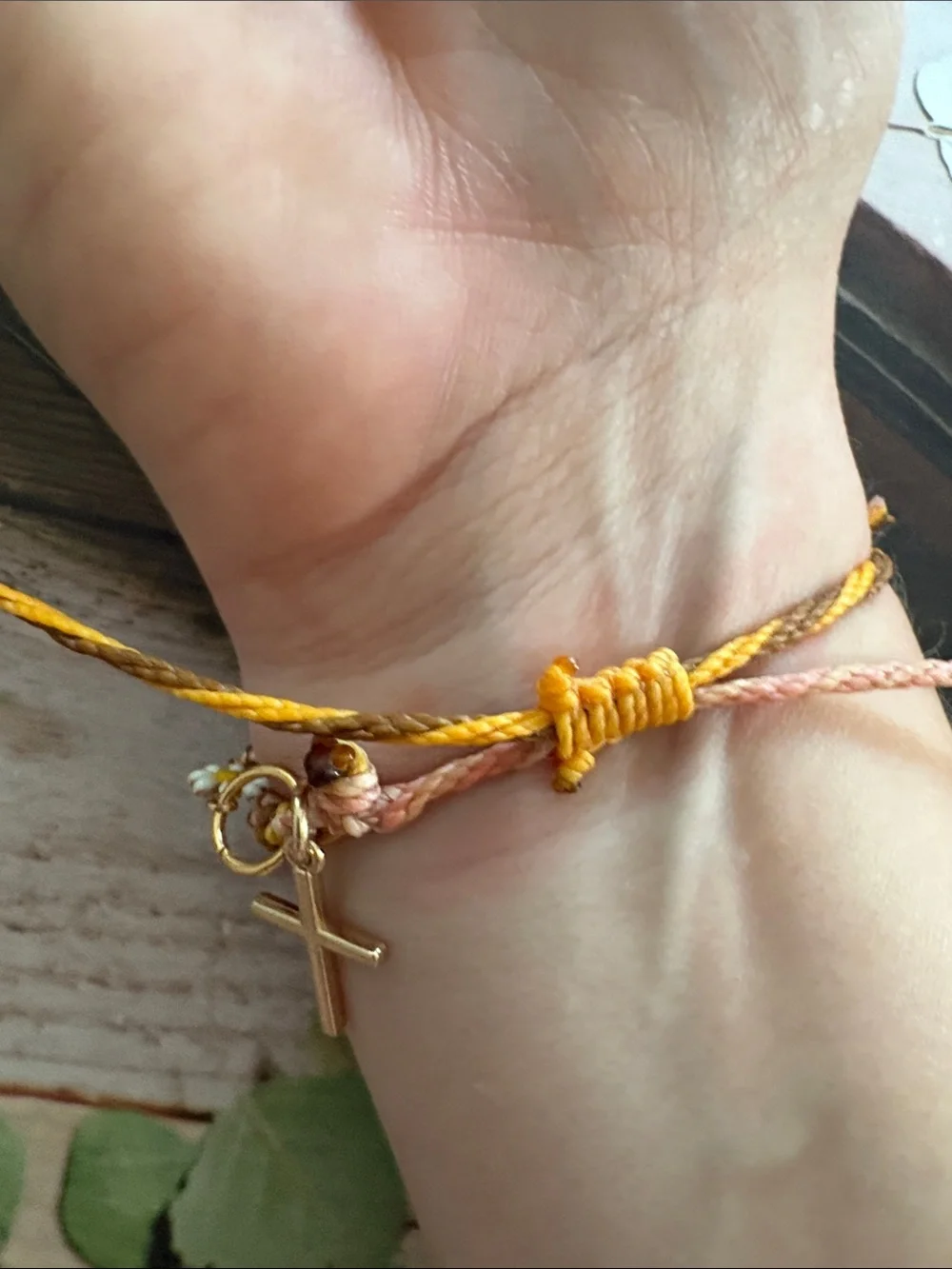 Handcrafted Adjustable Beach Boho Wax String Bracelet with Daisy & Cross Charms